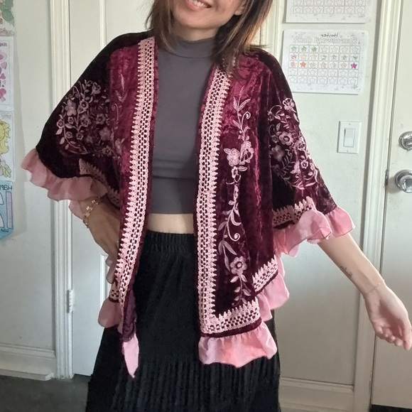 Sweaters - Boho Burgundy Velvet Floral Embroidered Ruffle Detail Kimono Cardigan